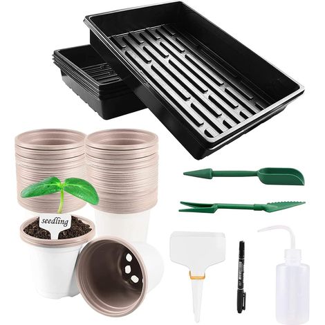 1 - Godet Semis - Plateau Culture - Kit Jardinage Complet Avec Arrosoir Et Outils Pour Graines Légumes Herbes Intérieur Extérieur Noir 39x29cm (1/5)