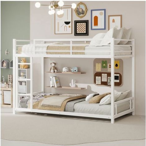 Lit superposé enfant - SOGEU - Lit superposé métal blanc profil bas - 90x190 cm - 200 kg/plateau - Barrières de sécurité (1/5)