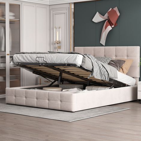 Cama 140x200 cm crema blanca tapizada con almacenaje y cabecero regulable (1/5)