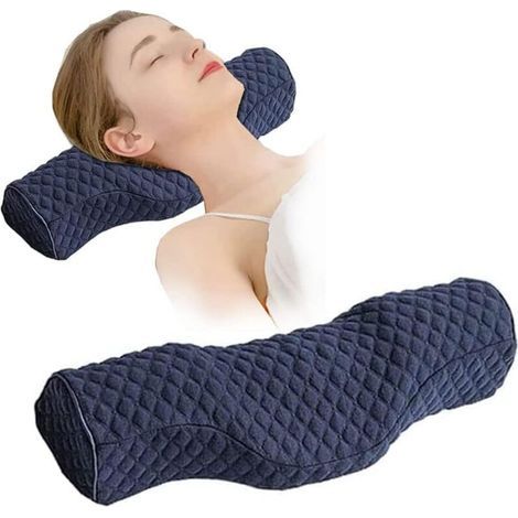 Oreiller cervical en mousse à mémoire de forme, soulage les raideurs de la nuque, adapté aux personnes dormant sur le côté ou sur le dos (bleu marine) (1/4)