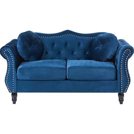 Sofá de terciopelo 2 plazas glamuroso sala de estar con ribete de tachuelas y capitoné azul marino Skien (1/5)