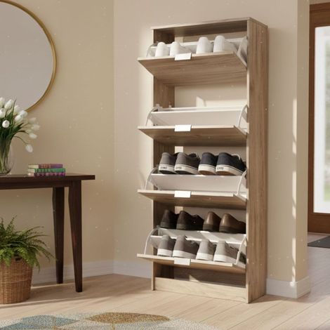 Schuhschrank Santina, Schuhregal mit 8 Böden, 4 Türen, Griffe Inklusive, 67x28x155,5h cm, Braun Grau Eiche (1/5)