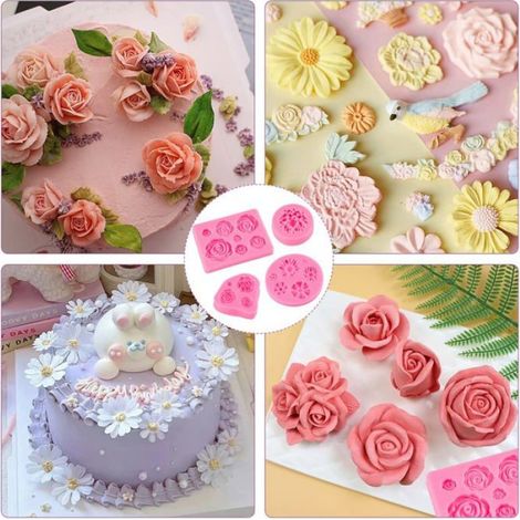 Moule Fleur Pâte à Sucre - 6 pièces, Silicone Rose Feuille - Décoration Gâteau Chocolat - Transparent Étiquette (1/5)