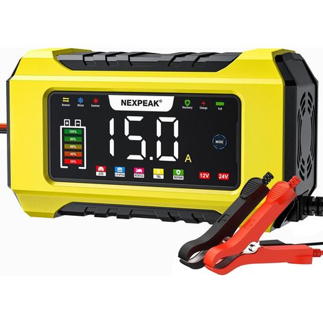 15A Chargeur de Batterie de Voiture, 12V 15A/24V 8A Chargeur de Batterie Intelligent avec Compensation de Température pour Voiture, AGM, Gel, Wet, SLA pour Batteries Plomb-Acide et LiFePO4 (1/5)