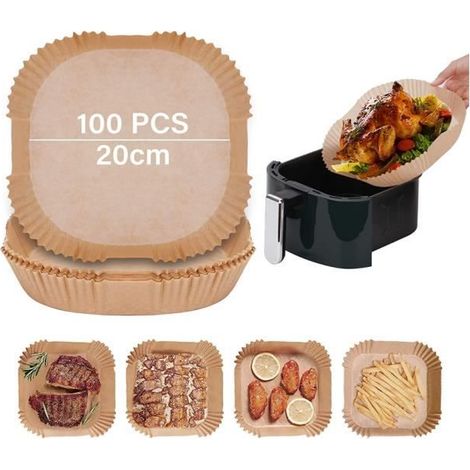 20-23cm Papier Cuisson Air Fryer, 100 Pièces Papier Sulfurisé Air Fryer Carrées, Antiadhésive sans Huile Jetables Papier Friteuse (1/4)