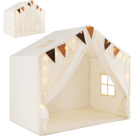 Tente de jeu beige pour enfants en tissu avec rideau, fenêtres, guirlande étoilée et tapis doux, pour chambre, salon et jardin (1/5)