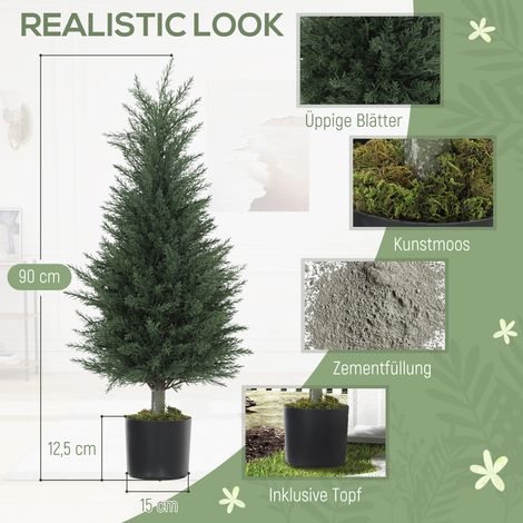 Lot de 2 cyprès synthétiques, 362 feuilles en plastique, pot inclus, résistants aux UV, verts (1/4)