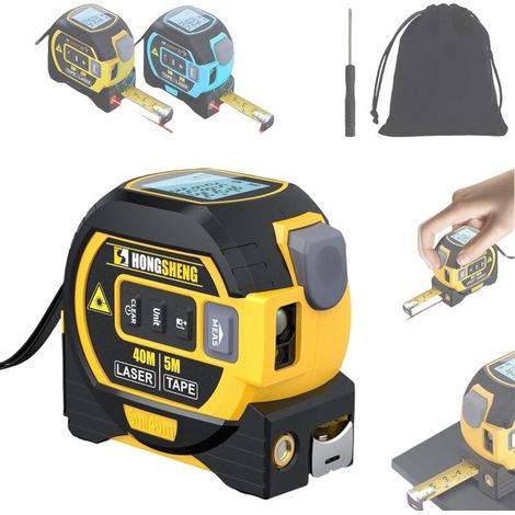 Telemetro laser 3 in 1 - Portata fino a 40 m - Con laser a croce - Metro a nastro - Memoria per 20 valori di misurazione -Crezuo
