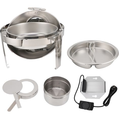 Lot rond en acier inoxydable pour buffet 6L, réchaud à température réglable avec couvercle transparent, pour traiteur, 220-240V, prise UE, 2 compartiments (1/5)