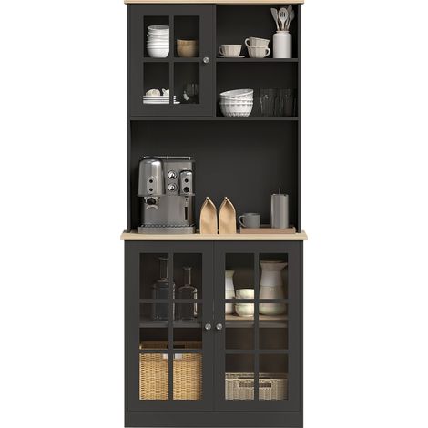 HOMCOM Küchen-Sideboard, hohes Aufbewahrungsmöbel mit Arbeitsplatte, 3 Glastüren, 2 Nischen, verstellbare Einlegeböden, 80 x 37 x 183 cm, Eiche schwarz