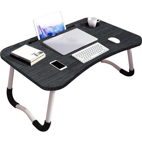 Tablette pliante pour lit enfant avec porte-gobelet, table d'ordinateur portable en panneau de densité, pour chambre à coucher, noir brossé (1/5)