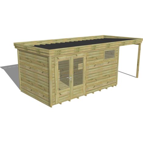 ABRI DE JARDIN bois Pin autoclave 27mm - 6,34x2,64m / 16,7m2 - Bac acier - Plancher bois
