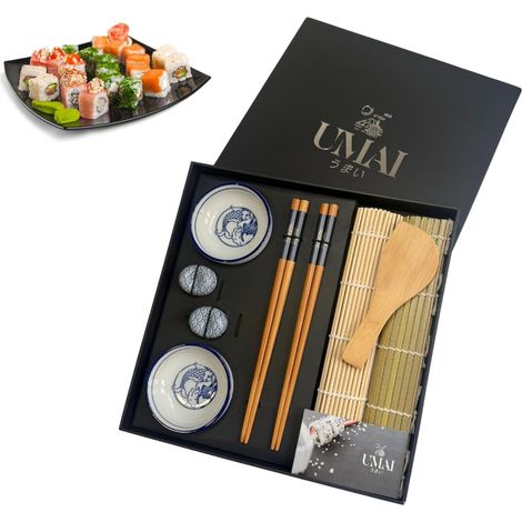 Kit pour faire des sushis à la maison Set de sushis 2 tapis à sushis + palette + 2 jeux de baguettes + 2 bols de soja + 2 supports baguettes + QR avec livre de recettes (1/5)
