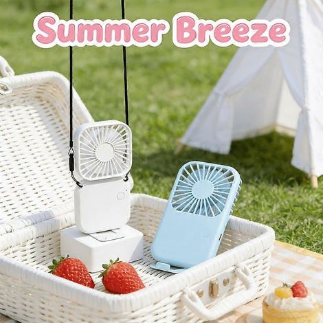 Mini ventiladores USB portátiles (paquete de 2), ventilador de escritorio personal con correa para colgar y soporte, ideal para picnics y viajes al aire libre en verano. (1/5)