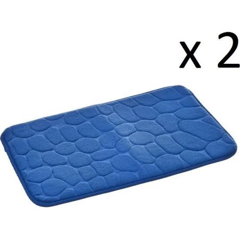 Lot 2 tapis de bain à motif galets, tapis salle de bain antidérapant en microfibre coloris bleu foncé-Longueur 60 x Profondeur 40 cm