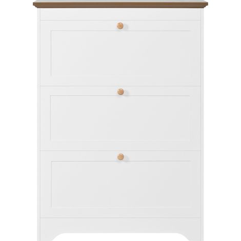 Scarpiera con 3 ante ribaltabili in MDF bianco con maniglie rotonde in legno (1/5)