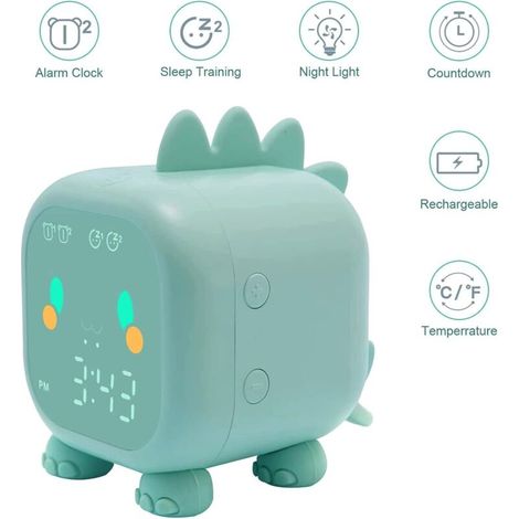 Bonito despertador infantil, multifuncional, con luz nocturna ajustable, temporizador de cuenta atrás, función de repetición, control por voz y recargable (verde). (1/3)
