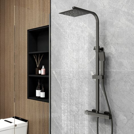 Colonna doccia con miscelatore termostatico, OCEAN Rubinetto Quadrato 280x40mm con Soffione Quadrato 20x20cm, Saliscendi Doccia Quadrato in Acciaio Inox, Nero