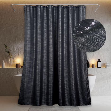 Rideau de douche noir avec paillettes brillantes : Rideau de douche décoratif en tissu texturé avec clinquant métallique argenté pour salle de bain Design moderne chic de luxe glamour Imperméable