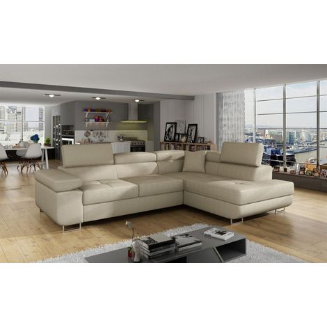 Ecksofa Schlafsofa SARRA in Stoff Jarell Hellbeige Ottomane Rechts (1/5)