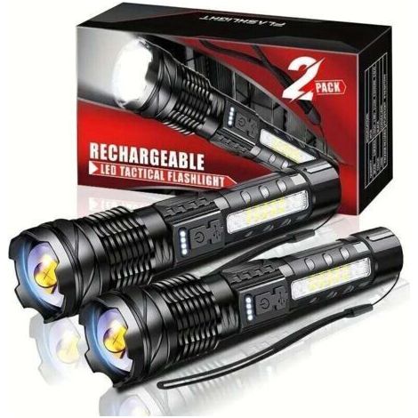 2 lampes de poche tactiques, grade militaire, 5 modes, 3000 lumens, étanches. Pour camping, vélo, randonnée, maison, urgences. (1/4)