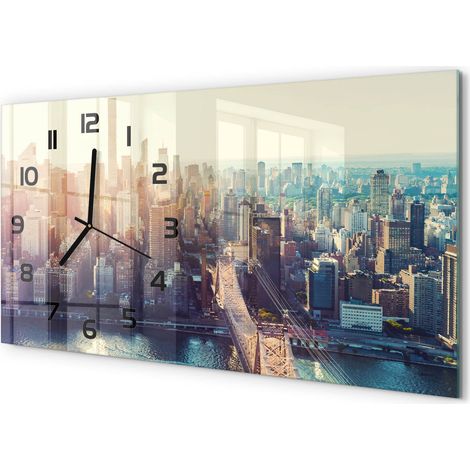 Horloge Murale Panoramique 60x30 cm en Verre Trempé Silencieuse Design Moderne Vol d'oiseau à New York (1/5)