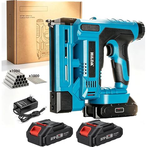 Cloueur-Agrafeuse 2 en 1 Sans Fil 21V, Cloueur Électrique pour Clous Brad et Agrafes, 2 Batteries + 1000 Clous + 1000 Agrafes Inclus, Profondeur Réglable, pour Tapisserie et Bois (1/5)