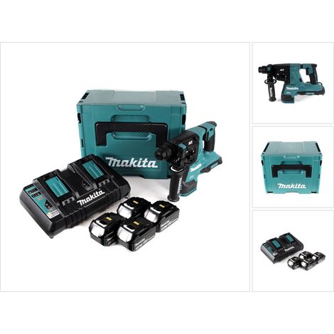 Makita DHR 280 PT4J 2 x 18 V 36 V batería de iones de litio Martillo perforador sin escobillas 28 mm para SDS-PLUS en Makpac + 4 x batería de 5,0 Ah + cargador doble