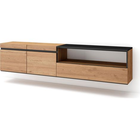 Skraut Home - Mueble TV, Televisión, Muebles de salón, almacenaje, 200x45x35cm, Para TV hasta 80", Colgado, Suspendido, Estilo Moderno, Roble y negro