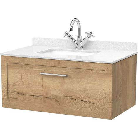 Stonnall Traditional Wall Hung 1 Drawer Vanity Unit with Marble Top with Basin, 800mm, Autumn Oak