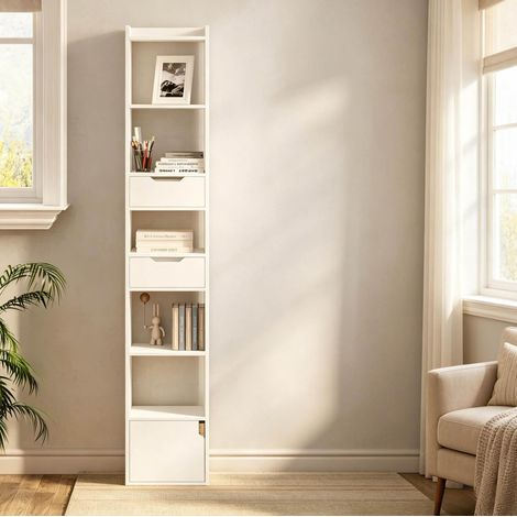 Libreria stretta 33x24x181 cm in legno bianco con contenitore FloraGrace (1/5)
