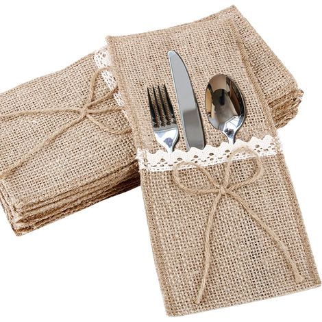 20 pezzi Porta posate Borsa in tela di iuta Sacchetto per denti Strofinaccio Forchetta Decorazione da tavola vintage in iuta Matrimonio Festa Natale Forniture Battesimo Fiocco di iuta (1/5)