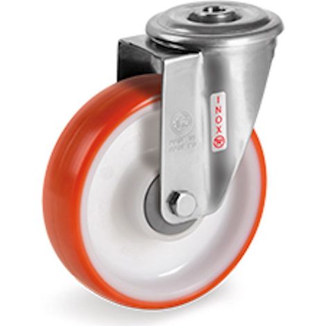 Roulette à oeil INOX pivotante diamètre 100 mm roue polyuréthane rouge roulement à billes - 200 Kg (1/2)