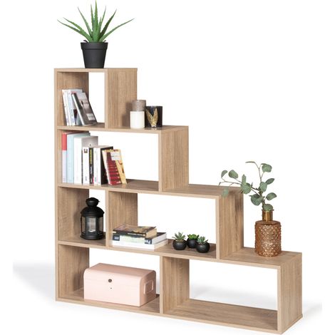 Idmarket – Bibliothèque escalier LINA 4 niveaux – Bois façon hêtre – Dimensions 114x30 cm – 6 niches de rangement – Design contemporain