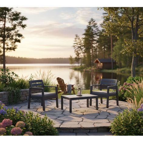 Dmora Salón de Jardín Benevento, Conjunto de jardín con 2 sillones y 1 mesa de centro, Zona de estar interior y exterior con cojines, 100% Made in Italy, Antracita, con embalaje reforzado (1/4)