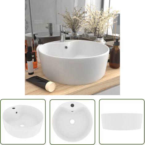 The Living Store Luxus-Waschbecken mit Überlauf Matt-Weiß 36x13 cm Keramik - Rundes Waschbecken - Keramikwaschbecken - Mattweißes Waschbecken - Aufsatzwaschbecken - Badezimmerarmatur (1/5)