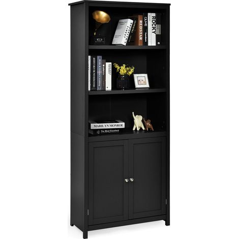 COSTWAY Wooden Storage Cabinet, Floor Standing Cupboard Tall Sideboard with 3-Tier Open Shelves and 2 Doors, Home Living Room Entryway Hallway Display Organiser Unit (Black) (1/5)