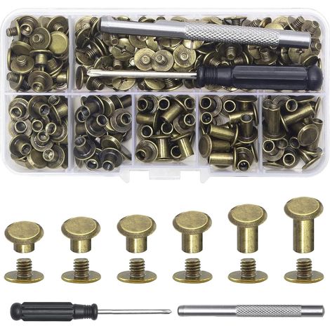 Lot de 110 vis de liaison M5 x 4/5/6/8/10/12 mm pour bricolage, décoration en cuir, sacs, artisanat, col, harnais, bagages, portefeuille (110, Couleur cuivre antique, l)