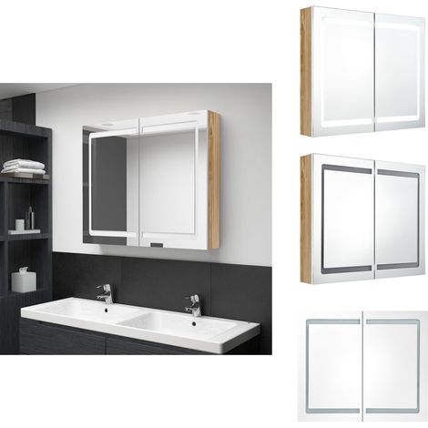 LED-Spiegelschrank fürs Bad Weiß und Eichen-Optik 80x12x68 cm - LED-Spiegelschrank - Badezimmermöbel - Spiegelkommode - Wandspiegel - Make-up-Spiegel (1/5)