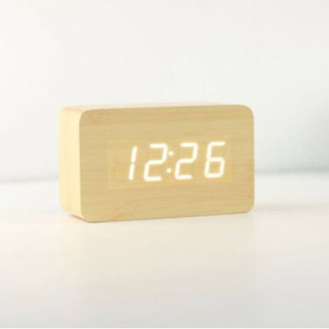 Réveil Numérique - Affichage LED Température et Date - Commande Vocale - Alimentation USB ou Piles AAA - Bois Bambou - 100 x 70 x 40 mm (1/4)