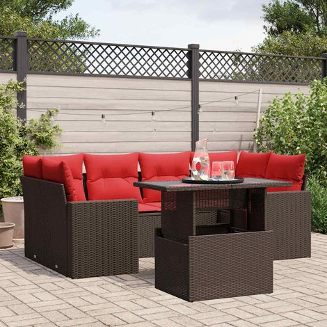 7-teiliges Gartensofa-Set mit Kissen, braun, Polyrattan