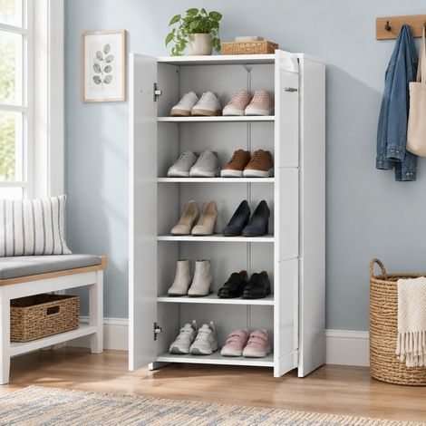 Zapatero 55x36x108 cm de madera Blanco brillante con almacenaje para entrada FloraGrace (1/5)