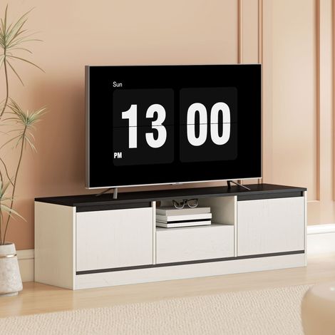 Meuble TV pour Télévision jusqu'à 60" avec 2 Armoires, 1 Étagère Ouverte, 1 Tiroir, Moderne, 140x35x40cm, Noir et Blanc (1/5)