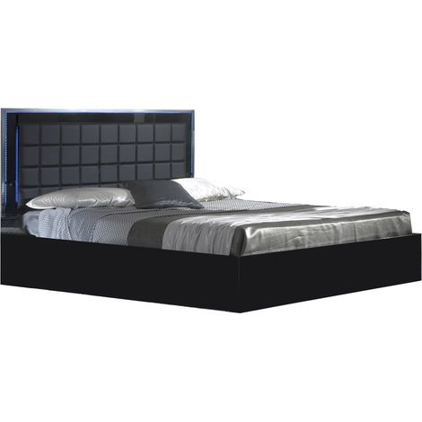 Lit design avec coffre bois noir laqué et tête de lit capitonnée simili cuir noir avec Led Turin-140x190 (1/5)