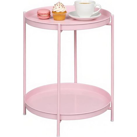 CHICFURN Mesa auxiliar redonda 44x44x53 cm de metal rosa con 2 bandejas extraíbles (1/5)
