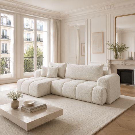 EVELIO - Canapé d'angle gauche convertible 4 places en tissu bouclette - 265 cm - Beige (1/4)