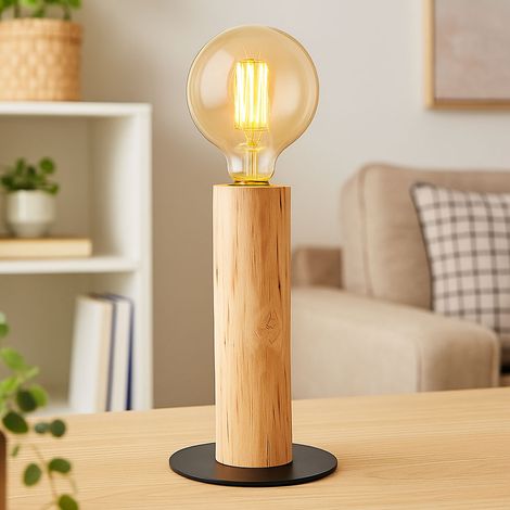 Lampe Wohnzimmer Tischlampe Holzleuchte natur Vintage Schreibtischlampe, Retrostil, Metall schwarz, 1x E27 Fassung, DxH 15x30 cm
