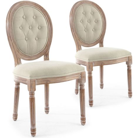 Lot de 2 Chaises Médaillon "Quing" Capitonné Tissu Beige (1/3)