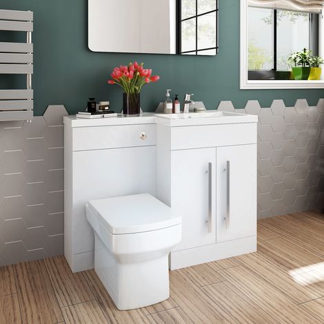 ELEGANT 1100mm L Shape Bathroom Vanity Sink Unit Furniture Storage,Right Hand High Gloss White Vanity unit + Basin + Ceramic Square Toilet with Concealed Cistern (1/4)