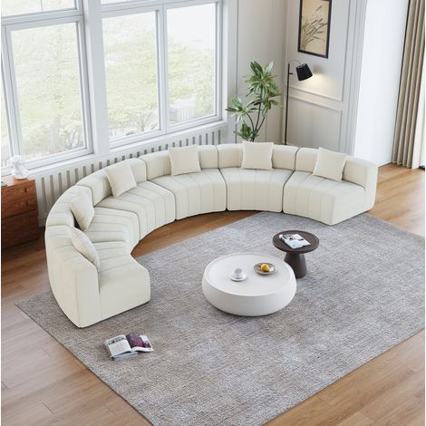 Divano modulare curvo in ciniglia beige, 2 cuscini, composizione semi-rotonda HAVRYA (1/5)